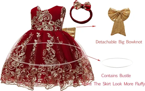 Miniatura 3 de 0-6T - Vestido de tutú de encaje bordado con lentejuelas y lazo grande para fiestas de bebé y niñas pequeñas con tocado