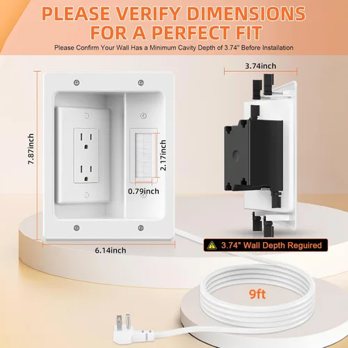 Miniatura 2 de Kit corrector de cable de pared con placa de pared de cepillo, caja de salida empotrada, cable de 9 pies, pasador de 2 bandas para gestión de cables