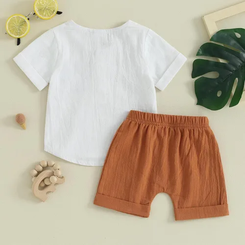Miniatura 81 de Conjunto de ropa casual de manga corta con botones y pantalones cortos de lino para bebés y niños pequeños