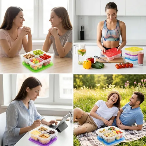 Miniatura 7 de AVLA Paquete de 10 cajas Bento para aperitivos, contenedores reutilizables para preparación de comidas, 4 compartimentos, cajas de almuerzo Bento