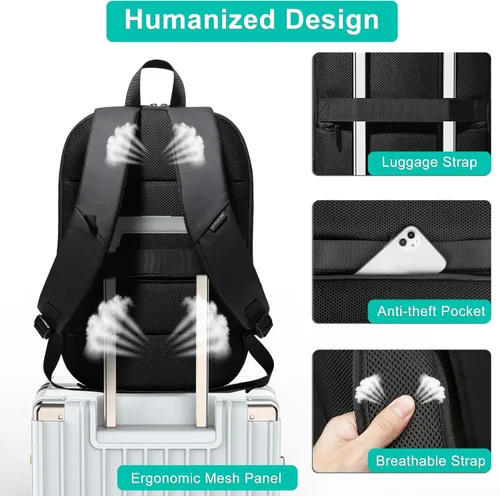 Miniatura 5 de hk Mochila de negocios para hombres de 15.6 pulgadas, delgada y expandible, impermeable, mochila de viaje para laptop, bolsa de trabajo ligera