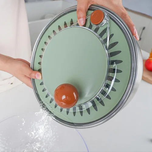 Miniatura 5 de Centrífuga de ensalada de acero inoxidable, spinner de lechuga de 5.3 Qt con base antideslizante, botón de drenaje y parada, spinner para lavar