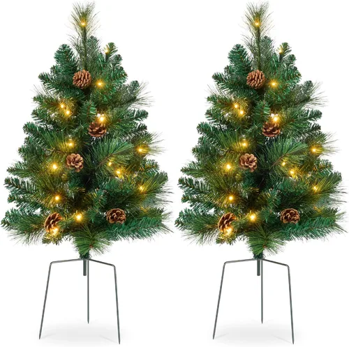 Miniatura 8 de Best Choice Products Juego de 2 árboles de Navidad de 24.5 pulgadas, funciona con pilas, decoración navideña preiluminada con luces LED, bayas