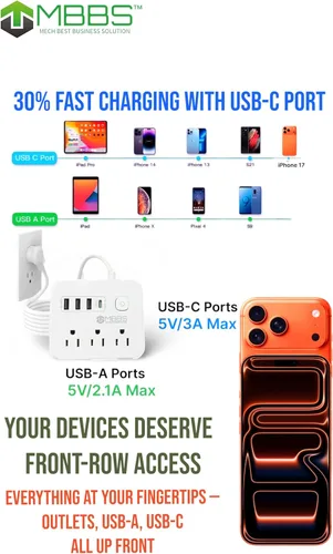 Miniatura 2 de Regleta protectora contra sobretensiones con USB C, protección 1200J, cable de extensión resistente, (7 en 1), 3 salidas de CA, 4 puertos USB, Blanco