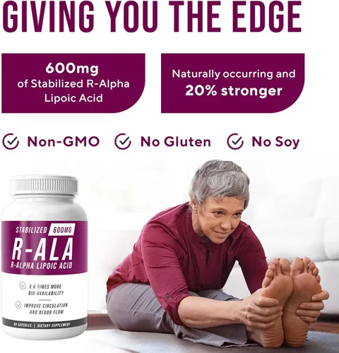 Miniatura 6 de NERVE RENEW R-ALA estabilizado R ácido alfa lipoico 600 mg suplemento de apoyo nervioso paquete de 3