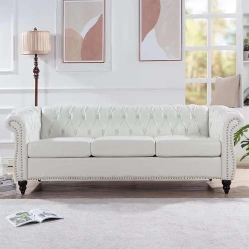 Miniatura 9 de Sofá Chesterfield moderno de 83.5 pulgadas, sofá de 3 plazas con brazo enrollado, tapizado de cabeza de clavo, sofás de piel sintética para sala