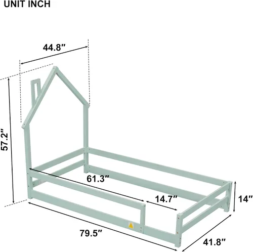 Miniatura 2 de Cama de plataforma de madera de tamaño individual con cabecero y cercas en forma de casa, sin tablillas, cama de piso para dormitorio de niños Verde