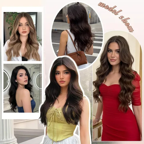 Miniatura 5 de Extensiones de cabello con clip para mujer, negro natural con reflejos marrones, 20 pulgadas, 6 piezas, extensiones de cabello largo, ondulado