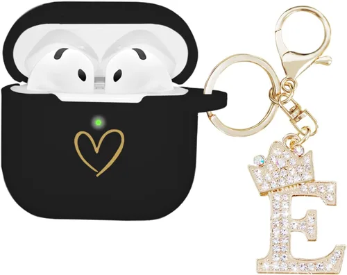 Miniatura 23 de Compatible con AirPods 4 Cover 2024, funda de silicona suave con patrón de corazón dorado para 4ª generación, llavero de letra A-Z con diamantes