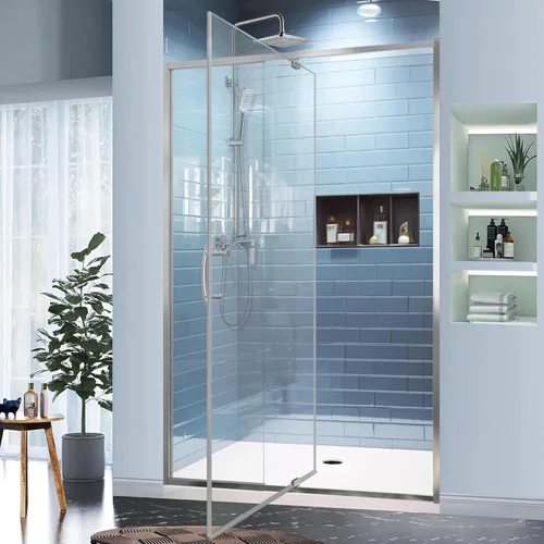 Miniatura 29 de GroGro 56-60" W x 71" H Mampara de ducha giratoria de vidrio semisin marco, vidrio templado transparente de 1/4" (6mm) SGCC, acabado cromo, Cromado