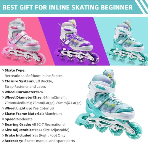 Miniatura 5 de Patines en línea para niñas de 3 a 12 años, 4 tamaños, zapatos de ruedas ajustables con ruedas iluminadas para principiantes, jóvenes, patines Verde
