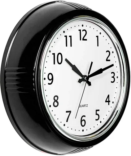 Bernhard Products Reloj de pared negro, retro, silencioso, sin tictac, redondo de 9.5 pulgadas, funciona con pilas, cuarzo de calidad, fácil de
