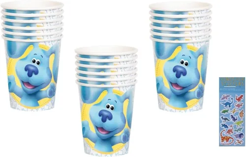 Unique El paquete de suministros para fiestas de Blue's Clues incluye 24 vasos de papel para fiestas y 1 hoja de calcomanías de dinosaurio