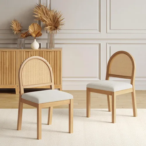 Nathan James Bailey - Silla de comedor Boucle de 19 pulgadas, silla lateral tapizada con respaldo de ratán tejido natural y patas de madera maciza,