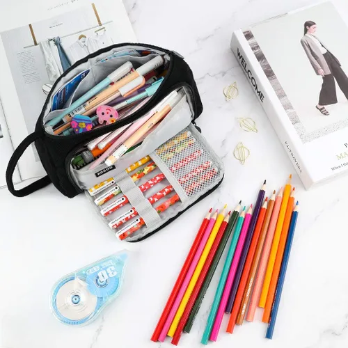 Miniatura 7 de iSuperb Estuche de gran capacidad para lápices, bolsa de pana grande, bolsa portátil para bolígrafos con cremallera, organizador de maquillaje