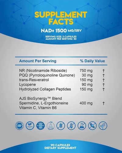 Miniatura 5 de AJS NAD+ Cellular Energy - Suplemento NR con PQQ, resveratrol, licopeno, espermidina, L-ergotioneína y péptidos de colágeno, 90 cápsulas para apoyo