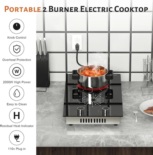 Miniatura 5 de Parrilla Eléctrica de 2 Quemadores – Parrilla Eléctrica de 12 pulgadas integrada y de encimera, parrilla eléctrica portátil de 120 V de dos Control