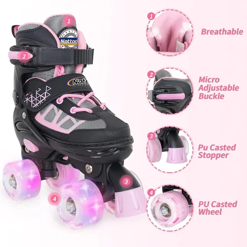 Miniatura 3 de Nattork Patines de ruedas para niños y niñas, 4 tamaños ajustables con ruedas iluminadas para niños principiantes para interiores y exteriores Rosa