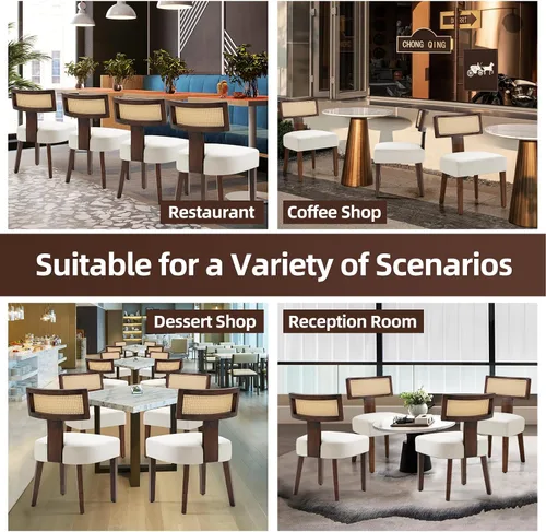 Miniatura 6 de ZJhome Juego de 2 sillas de comedor tapizadas de ratán, sillas de comedor de tela moderna de mediados de siglo con marco de madera dura marrón