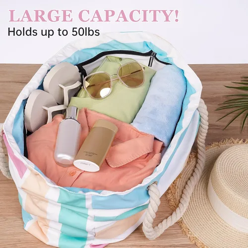 Miniatura 3 de Elegante bolsa de playa impermeable para mujer, cierre de cremallera de gran capacidad con correas de hombro de cuerda