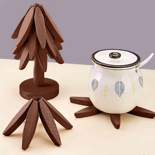 Miniatura 3 de Juego de Posavasos de Copa de Madera, Juego de Salvamanteles en Forma de Árbol, Posavasos de Árbol - 4 Salvamanteles de Madera + 1 Soporte