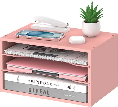 Miniatura 15 de Organizador de escritorio de madera de 5 niveles, organizador de bandeja de papel para escritorio con estantes de almacenamiento ajustables, Blanco