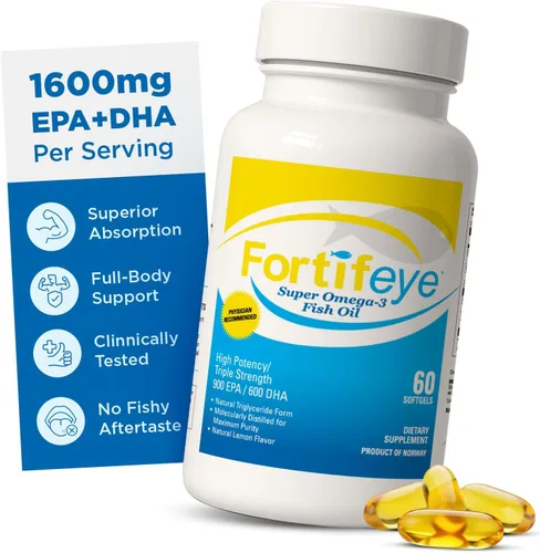 Fortifeye Super Omega-3 Aceite de pescado – 60 unidades – 1600 mg EPA + DHA – Triple fuerza ultra puro rTG Omega-3 concentrado y purificado por