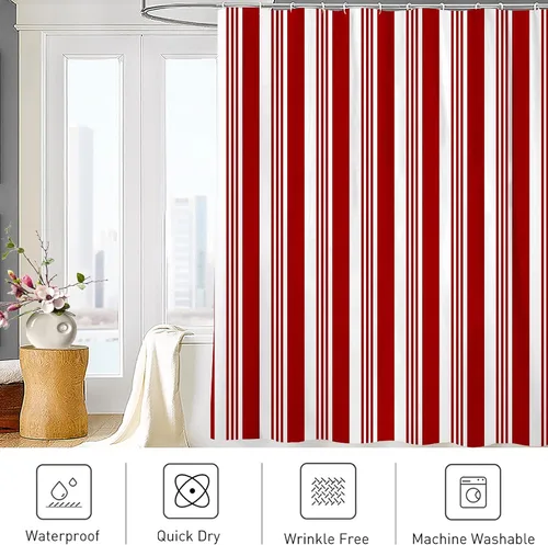 Miniatura 4 de Cortina de ducha de poliéster con patrón de bastón de caramelo rojo y blanco abstracto de Navidad, juego de cortinas con ganchos, impermeable, 24