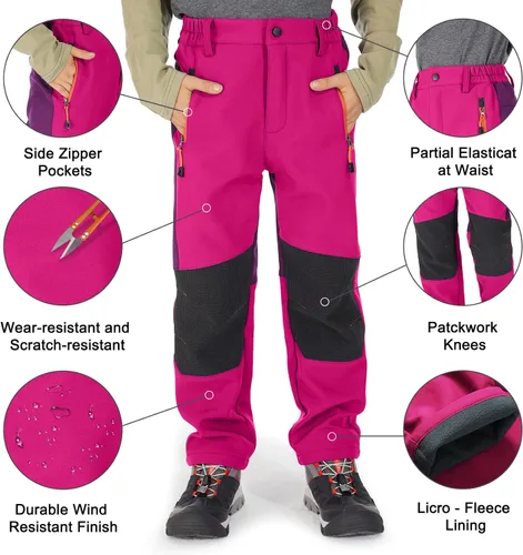 Miniatura 45 de linlon Pantalones impermeables para la nieve para niños y niños, forro polar lind para senderismo, softshell, cálidos, con aislamiento térmico