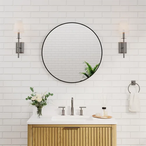 Miniatura 10 de WELLFOR Espejo redondo negro de 24 pulgadas, moderno espejo circular montado en la pared con marco de metal para entradas, baños, salas de estar