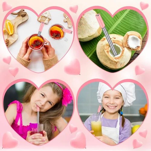 Miniatura 6 de Jutom Paquete de 8 pajitas de metal con forma de corazón, reutilizables, de acero inoxidable con puntas de silicona, lindas con 2 cepillos de Rosa