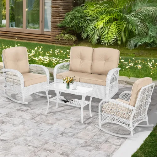 Miniatura 64 de MEETWARM Juego de 3 piezas de mimbre giratorio para patio al aire libre, mecedoras, juegos de muebles de patio de ratán con cojín grueso y mesa