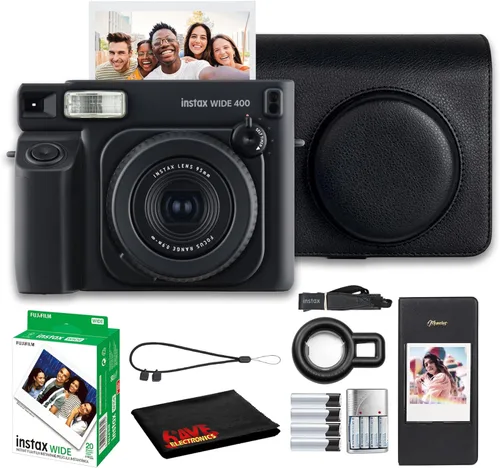 Miniatura 12 de Fujifilm Instax Wide 400 Cámara de película instantánea (negro) Paquete con funda de transporte compatible con estilo vintage + paño de limpieza