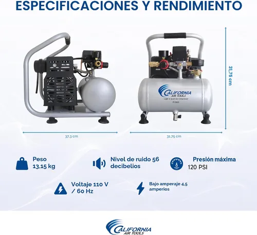 Miniatura 5 de California Air Tools CAT-1P1060SP Compresor de aire portátil ligero y silencioso, Ultra silencioso, sin aceite, tanque de acero de 1 galón, 0.6 HP