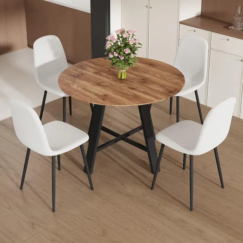 Miniatura 11 de Juego de 4 mesas de comedor redondas de 42 pulgadas para 4, sillas de mesa de cocina modernas, juego de 4 sillas tapizadas de madera con patas