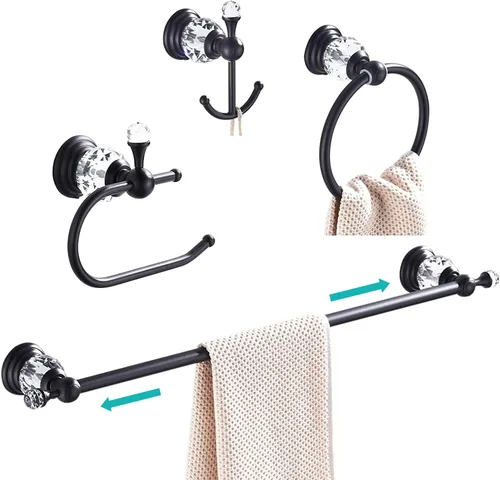 WOLIBEER Accesorios de baño de cristal, negro de 24 pulgadas, soporte para papel higiénico, ganchos para abrigos, accesorios de baño, 4 piezas