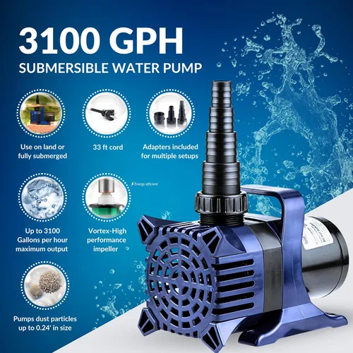 Miniatura 6 de Alpine Corporation PAL3100 Bomba de agua sumergible de 3100 GPH con cable de 33 pies, motor silencioso de 276 W, elevación de 21.5 pies, flujo