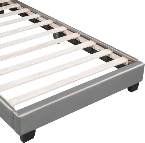 Miniatura 8 de Bonita cama tapizada de cuero con adorno de conejo, cama de plataforma de tamaño individual con cabecero y listones de madera, adecuada para niños