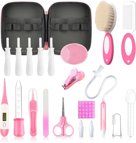 Kit de cuidado de la salud y aseo del bebé, kit portátil 21 en 1 para bebés esenciales con cepillo de alivio de gas, peine aspirador nasal para