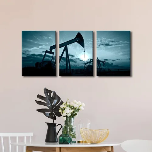 Miniatura 3 de TUMOVO Bombas de aceite en la puesta de sol para dormitorio, industria de petróleo y gas, pinturas de pared de 3 piezas de arte de pared de petróleo