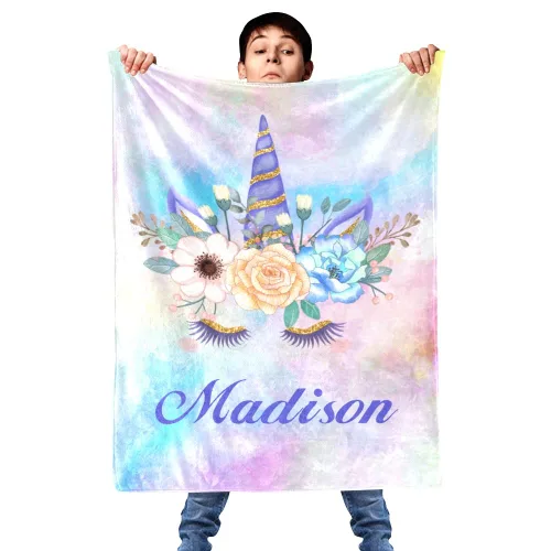 Miniatura 5 de Manta de vellón personalizada para niños con nombre, manta de bebé personalizada con flores de unicornio para cama (30 x 40 pulgadas)