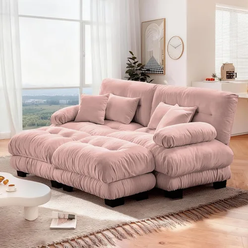 Miniatura 107 de Reposapiés Otomano Tapizado de Terciopelo con Cojín para Sofá Seccional Sofá 300 libras para Sala de Estar (Beige)