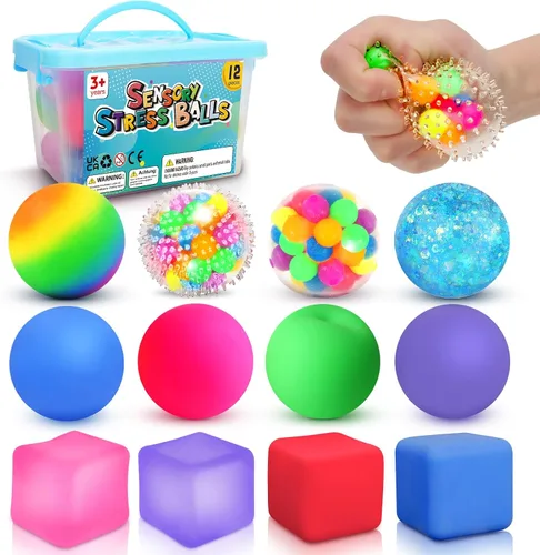 Pelotas de Estrés y Juguetes Sensoriales Fidget: Juego de 12 Bolas Esponjosas de Estrés para Niños de 3 a 12 años - Bola Sensorial de Terapia de