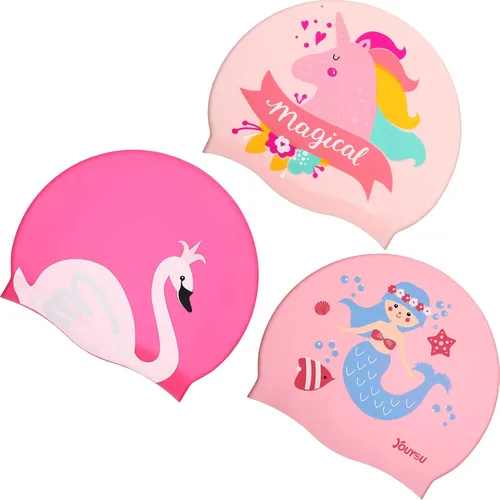 Miniatura 11 de Syhood Gorras de natación para niños, 3 unidades, impermeables, gorro de natación de dibujos animados para cabello largo y corto, para niños y niñas