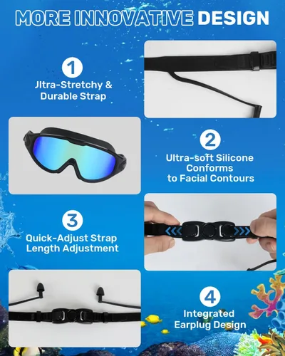 Miniatura 5 de Gafas de natación para adultos, gafas de natación antivaho y UV con clip de nariz y tapones para los oídos, sin fugas