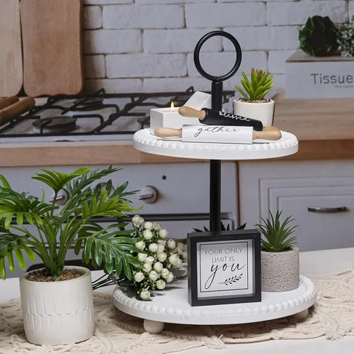Miniatura 3 de Defined Deco Bandeja escalonada blanca con cuentas con 3 piezas de decoración de bandeja escalonada para decoración del hogar de granja, soporte