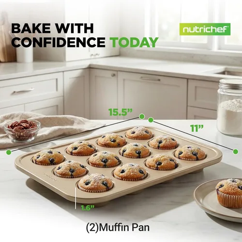 Miniatura 8 de NutriChef Moldes antiadherentes para magdalenas de 12 tazas para cupcakes, molde de 2 piezas para cupcakes, bandeja apilable de acero al carbono