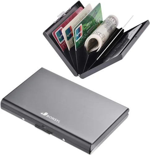 Miniatura 128 de BONSYL® Soporte para tarjetas de crédito, cartera delgada de metal con bloqueo RFID, con 6 ranuras para tarjetas, para mujeres y hombres.
