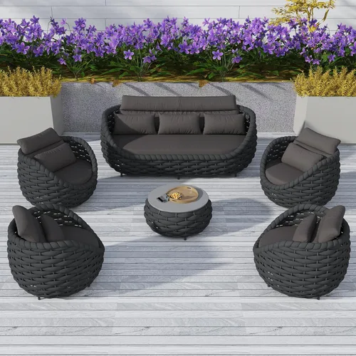 Miniatura 24 de TWT 3-Piece Woven Rope Patio Furniture Set, 2 Outdoor Armchairs with Soft Cushions + Round Aluminum Coffee Table, All-Weather Conversation Set for
