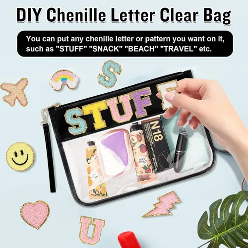 Miniatura 3 de Izuzta Bolsa plana de PVC transparente – Bolsa de maquillaje de viaje con pulsera, bolsa de letras de chenilla, bolsa de cosméticos portátil Negro
